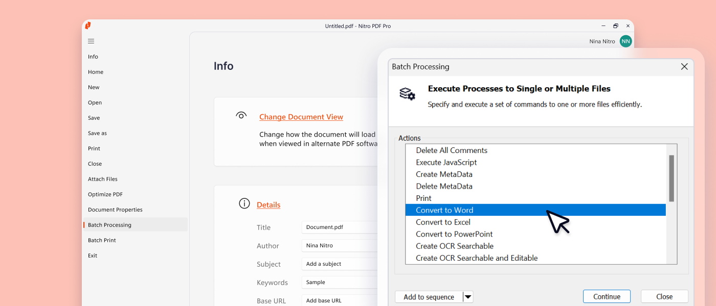 Nitro PDF clicking on batch processing from the file screen