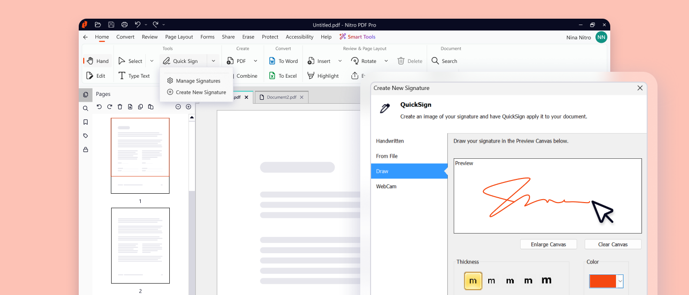 Nitro PDF Pro being used to quick sign a document